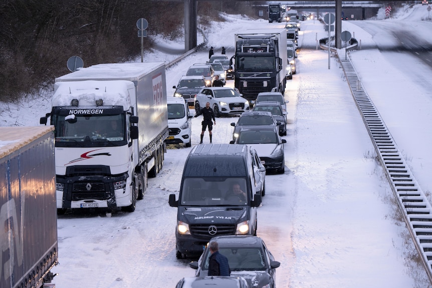 Finlandiya'da karla kaplı bir otoyolda trafik sıkışıklığında kamyonlar ve arabalar durduruldu