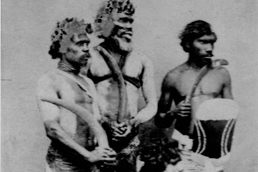 Studio portrait of men with boomerangs from the Brisbane District ca.1868.