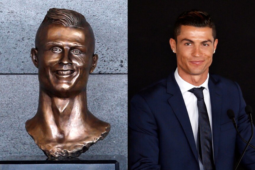 Cristiano Ronaldo (right) and his bust (left)