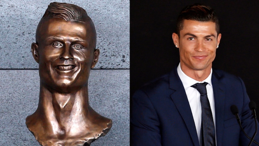 Cristiano Ronaldo (right) and his bust (left)