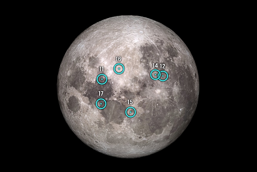 Apollo landing sites as seen from the southern hemisphere.