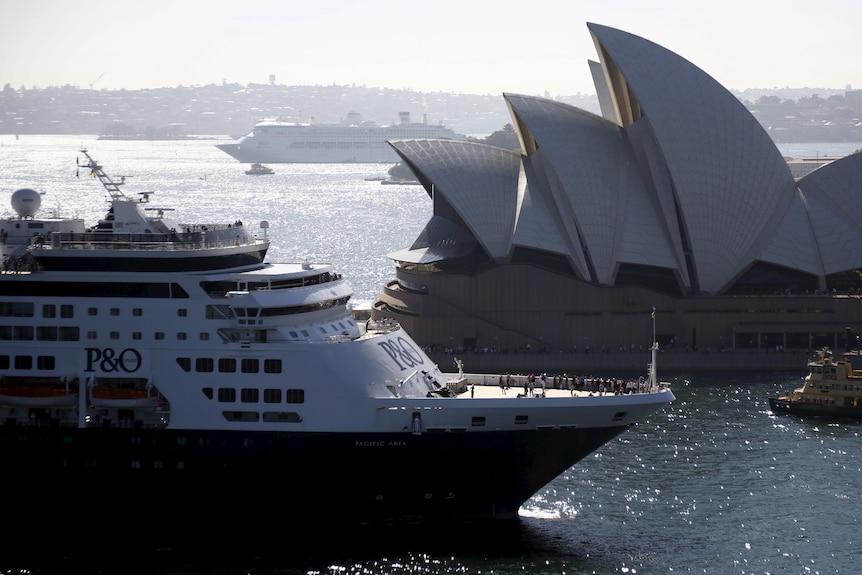 A cruiseliner nexts to the Sydney Harbour Bridge 