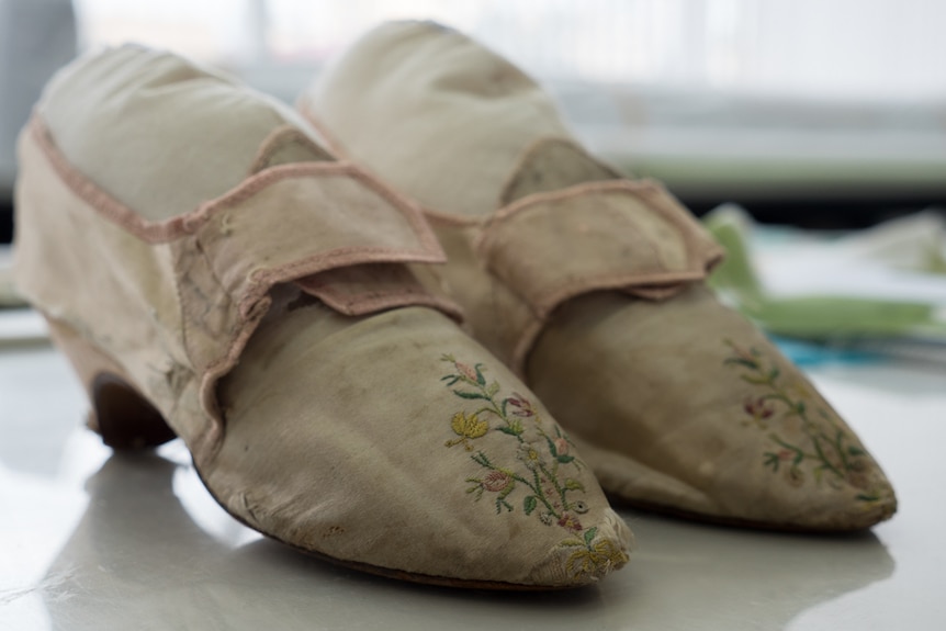 1750s shoes embroidered to match a silk dress.