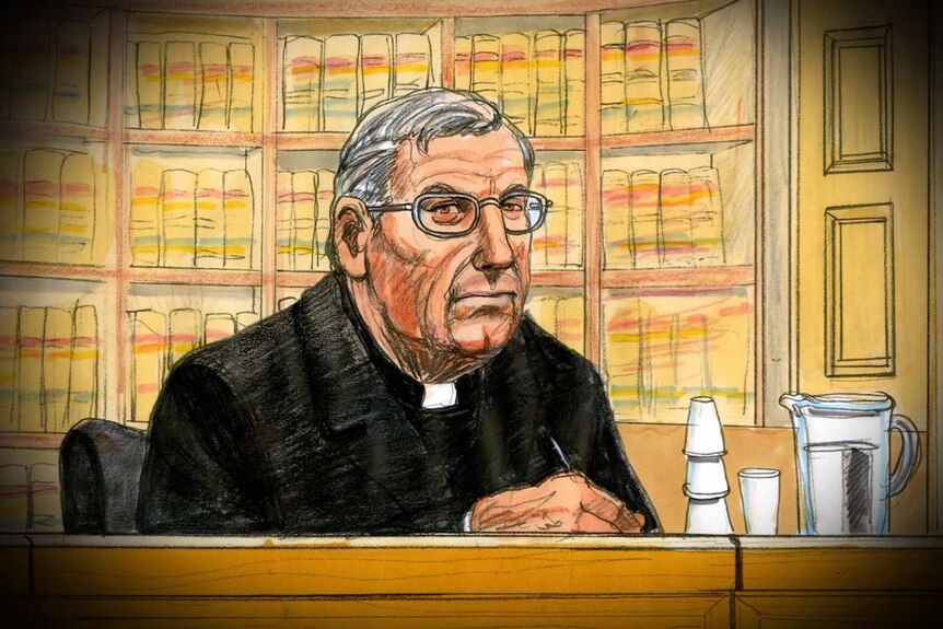 A sketch of George Pell in court, wearing his clerical collar and taking notes.