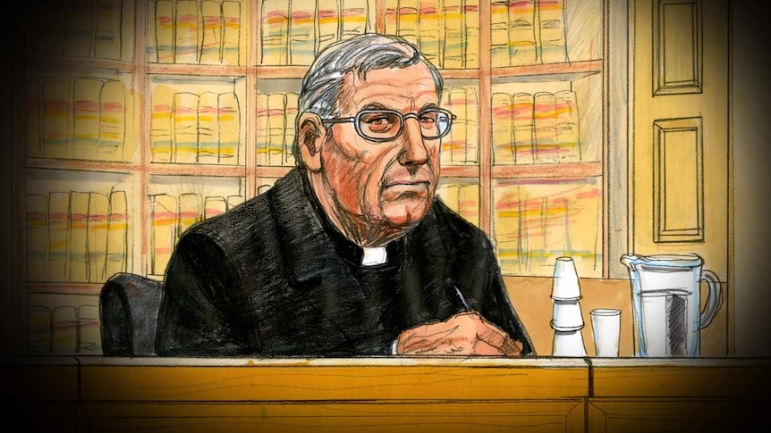 A sketch of George Pell in court.