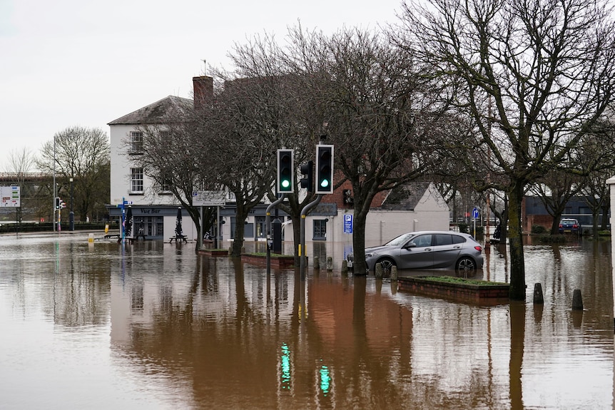 英国伍斯特一条被洪水淹没的街道，有红绿灯和树木