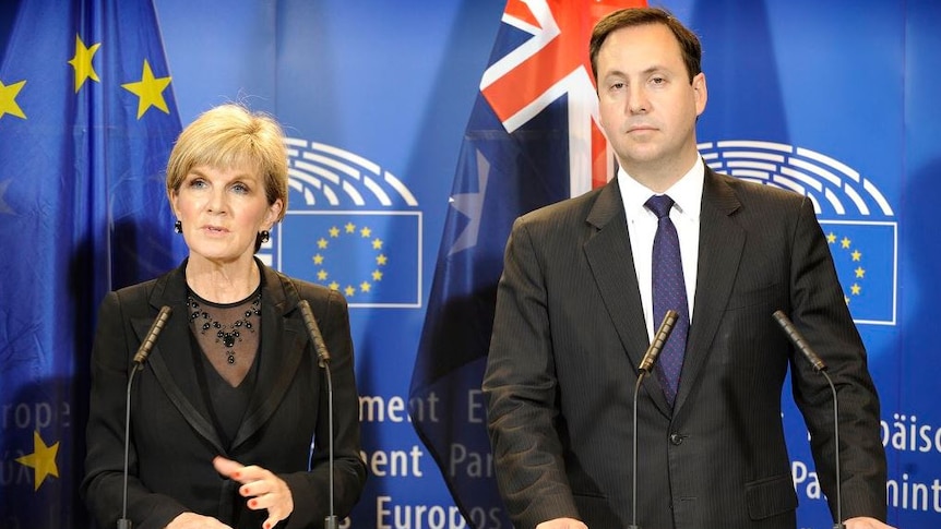 Julie Bishop and Steve Ciobo speak in Brussels.