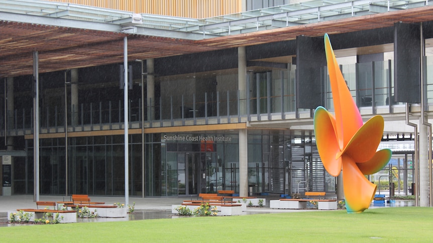 Large orange sculpture in a courtyard of the new hospital