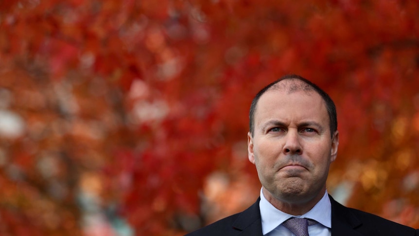 Josh Frydenberg frowns at a press conference in a Parliament House courtyard. He's standing in front of a red tree.