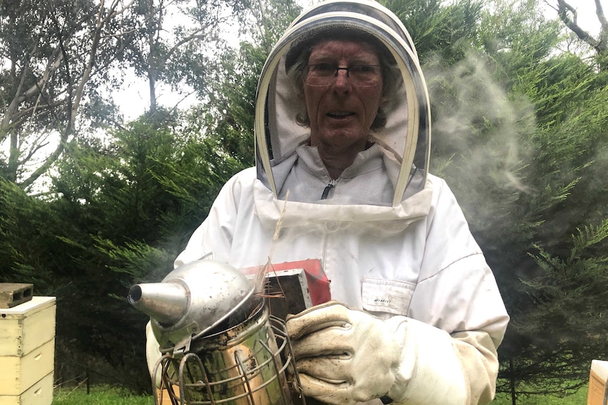 A beekeeper in full beekeeping gear