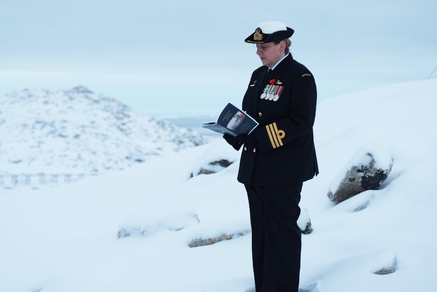 Rebecca Jeffcoat conducts an Anzac Day service in Antarctica.
