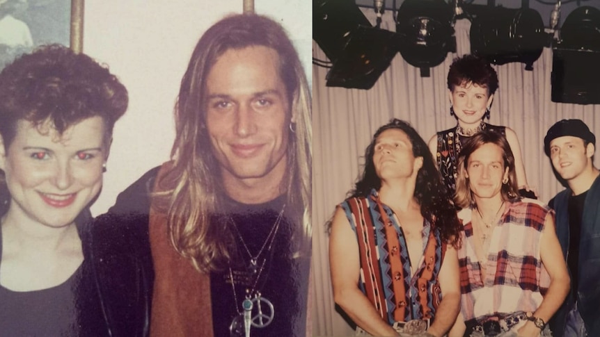 A vintage photo of a woman and a man next to a photo of a group of teenagers