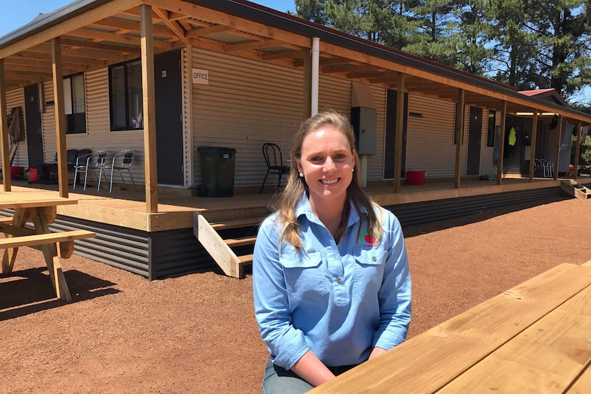 Emma Sutherland from Burlington Berries outside the farm's accommodation for pickers.