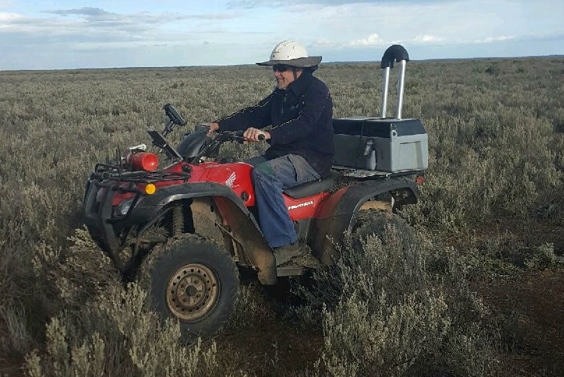 Neds Corner Station contractor Trent Wilkins GPS maps rabbit warrens at Neds Corner Station on his quad bike.