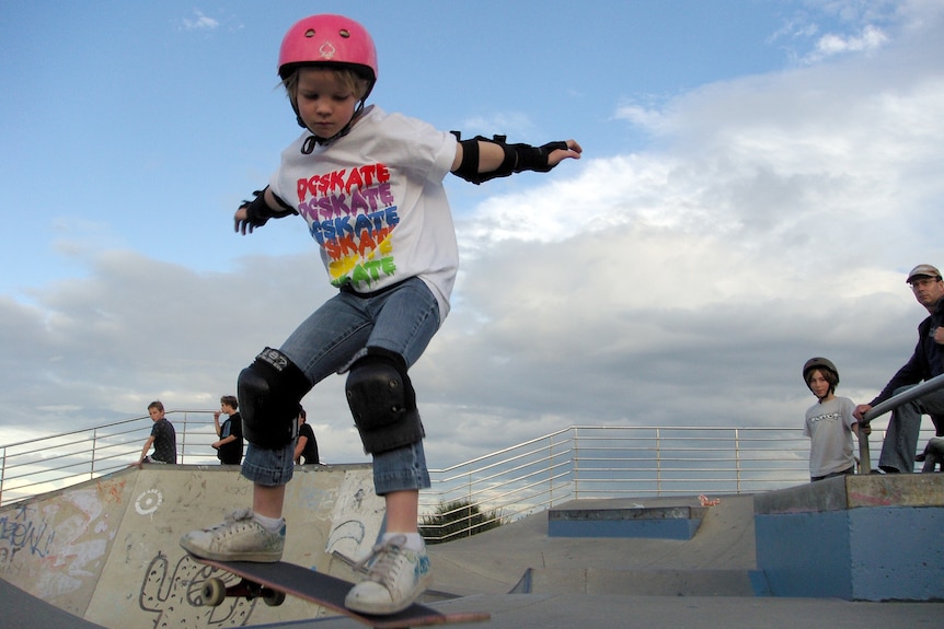 Exterior Poppy Starr Olsen skateboarding at Bondi Bowl as an eight year-old