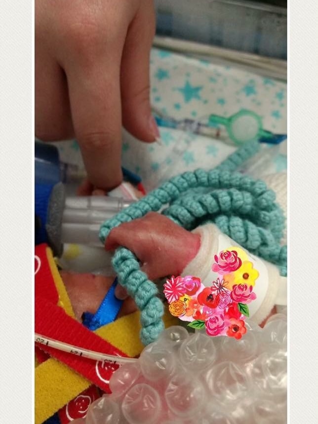 A tiny premature baby's hand holding a crochet octopus tentacle