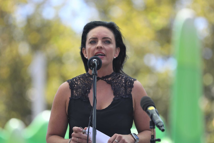 Emma Husar speaks at the women's march for justice in Perth. March 14, 2021