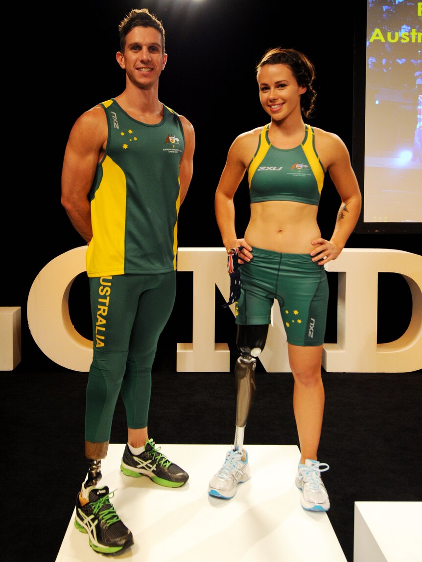 Jack Swift and Kelly Cartwright in the Australian Paralympic Team uniforms they will wear in London.
