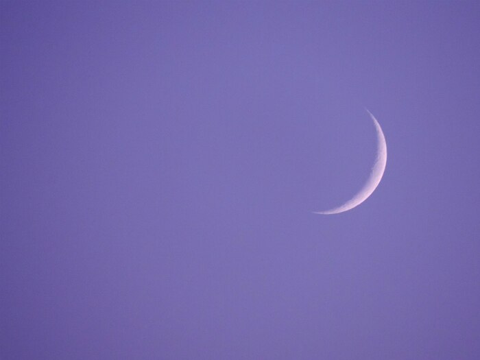 A crescent moon in a purple sky