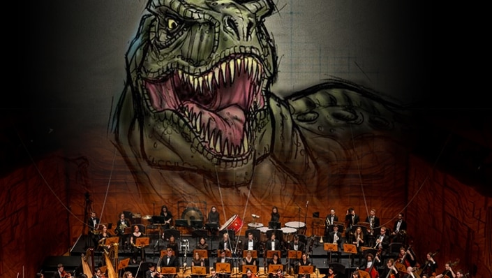 A symphony orchestra plays as a CGI dinosaur looms overhead
