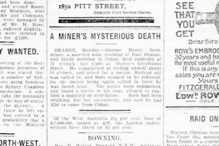 Newspaper article about a miners mysterious death in the Sydney Evening News, June 15, 1908.