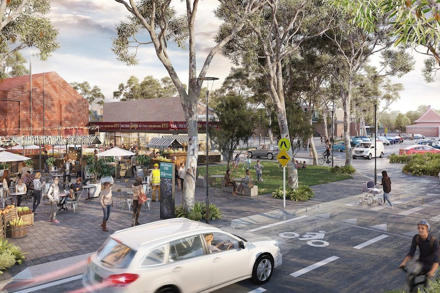 Artwork depicting the redevelopment of a car park and shopping precinct.