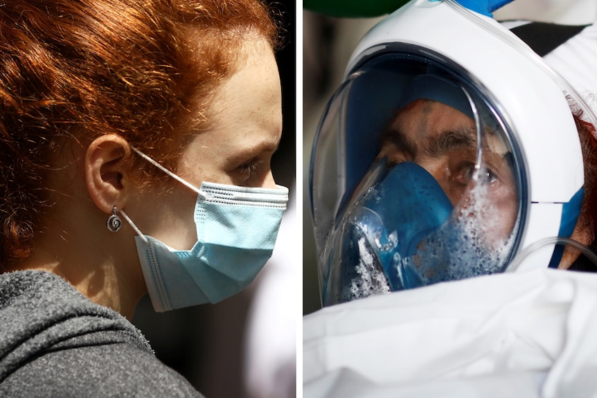 A composite image of a healthy woman wearing a face mask and a very ill man wearing a ventilator.