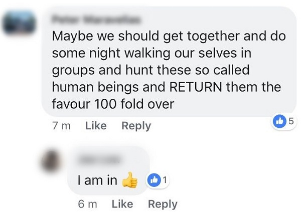 A Facebook post suggests the community "hunt these so called human beings" and a second comment agrees.