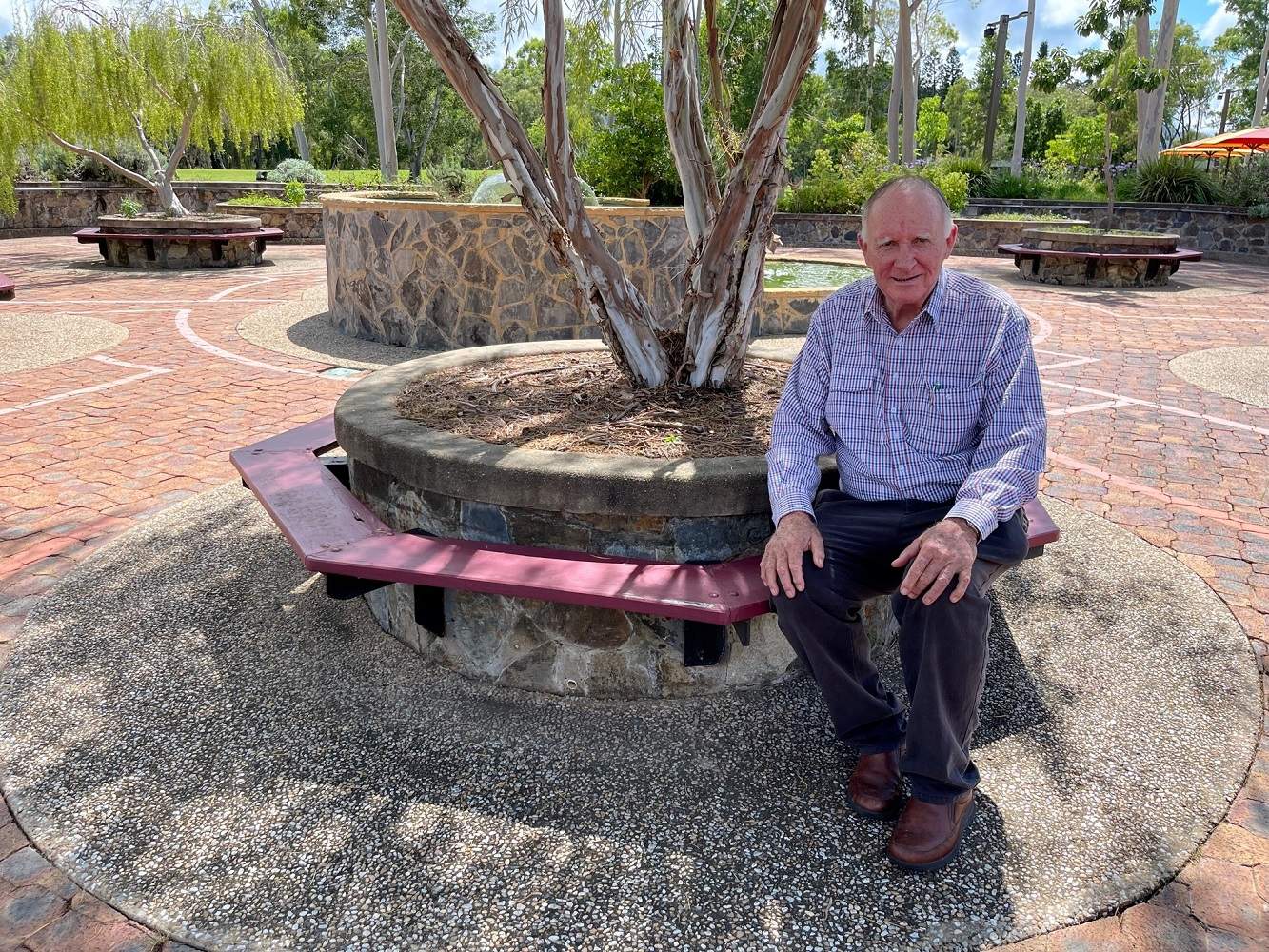 A man sits in a paved area with trees.