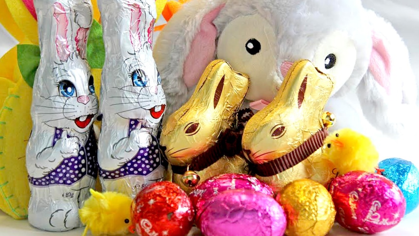 Chocolate Easter eggs and bunnies wrapped in foil.