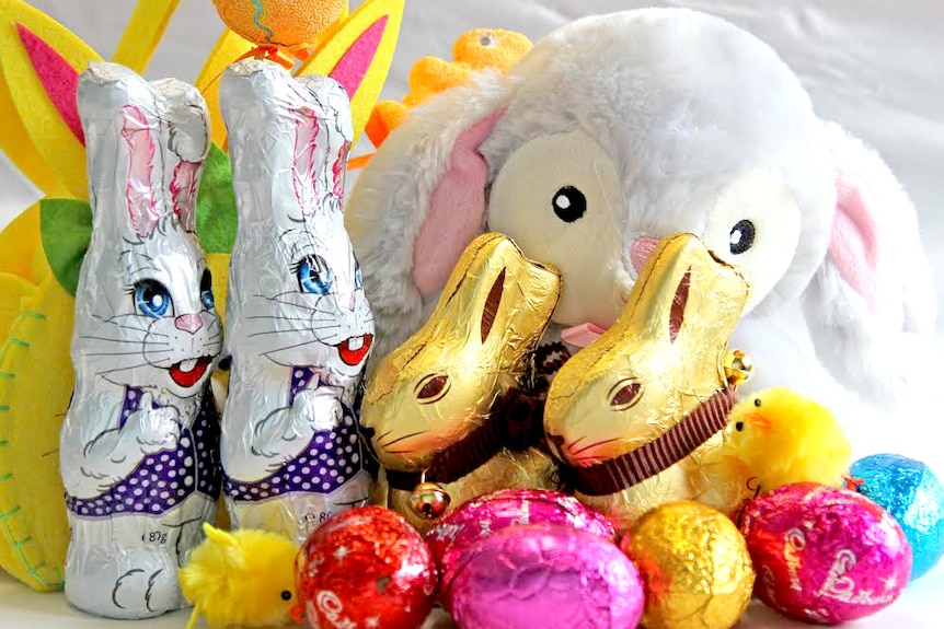 Chocolate easter eggs and bunnies wrapped in foil.
