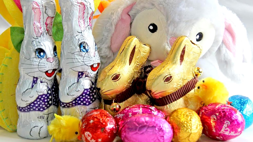 Chocolate easter eggs and bunnies wrapped in foil