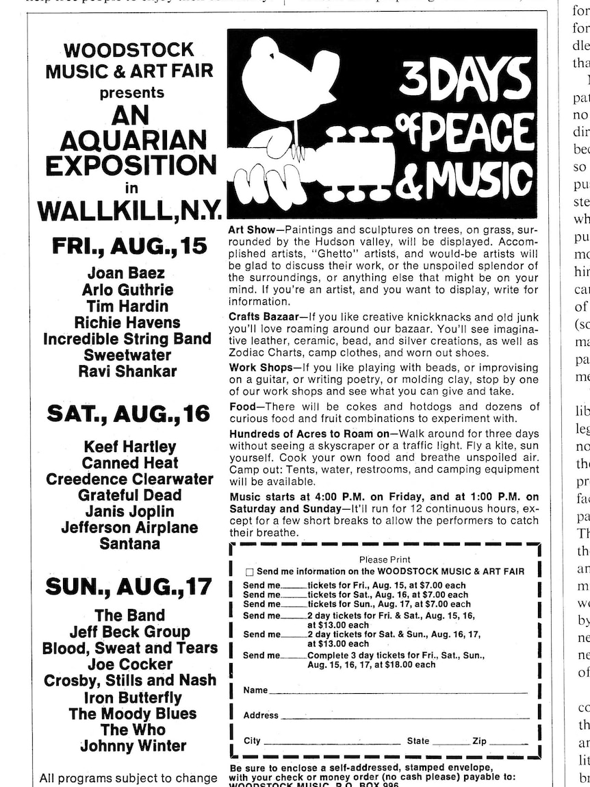 An ad for Woodstock advertising "3 days of peace & music"