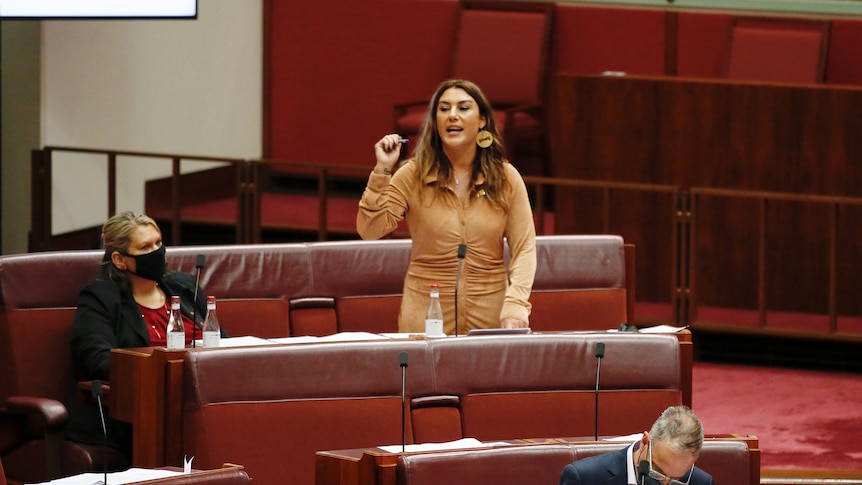 Lidia Thorpe standing in the senate in the middle of a sentence during question time