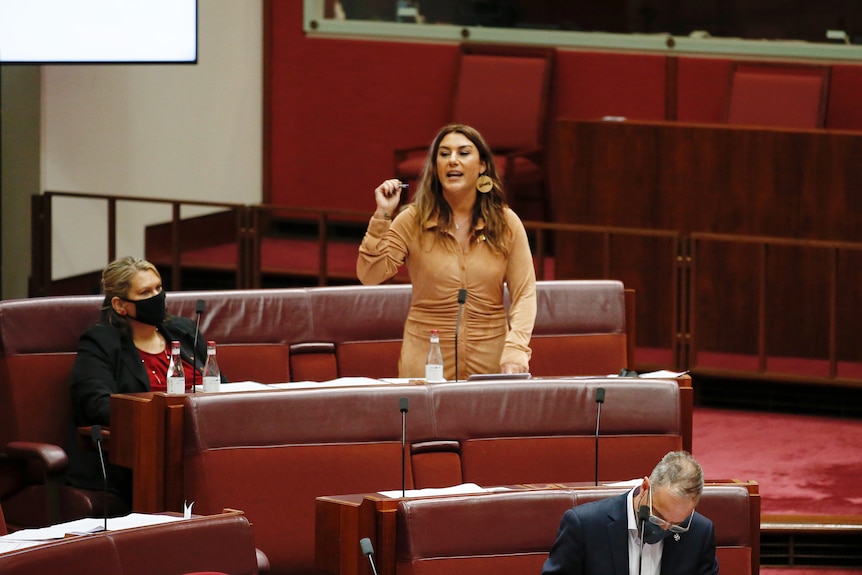 Lidia Thorpe standing in the senate in the middle of a sentence during question time