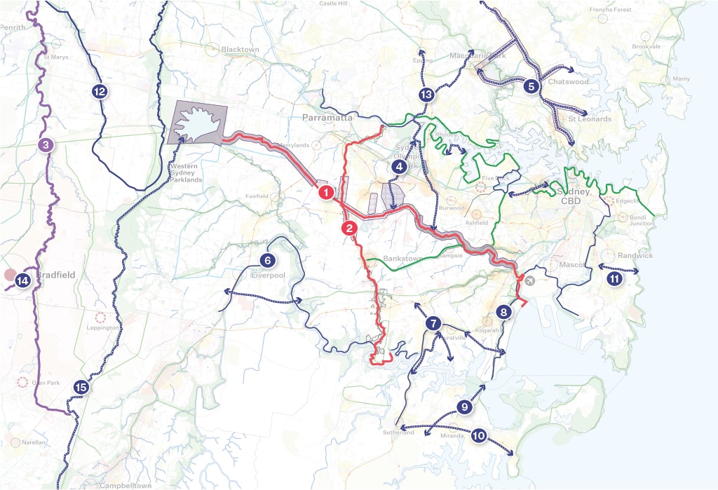 A map showing a series of routes overlaid on a map of Sydney.