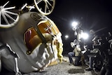 Cinderella's pumpkin carriage carnage at Dismaland bemusement park by British artist Banksy in the UK