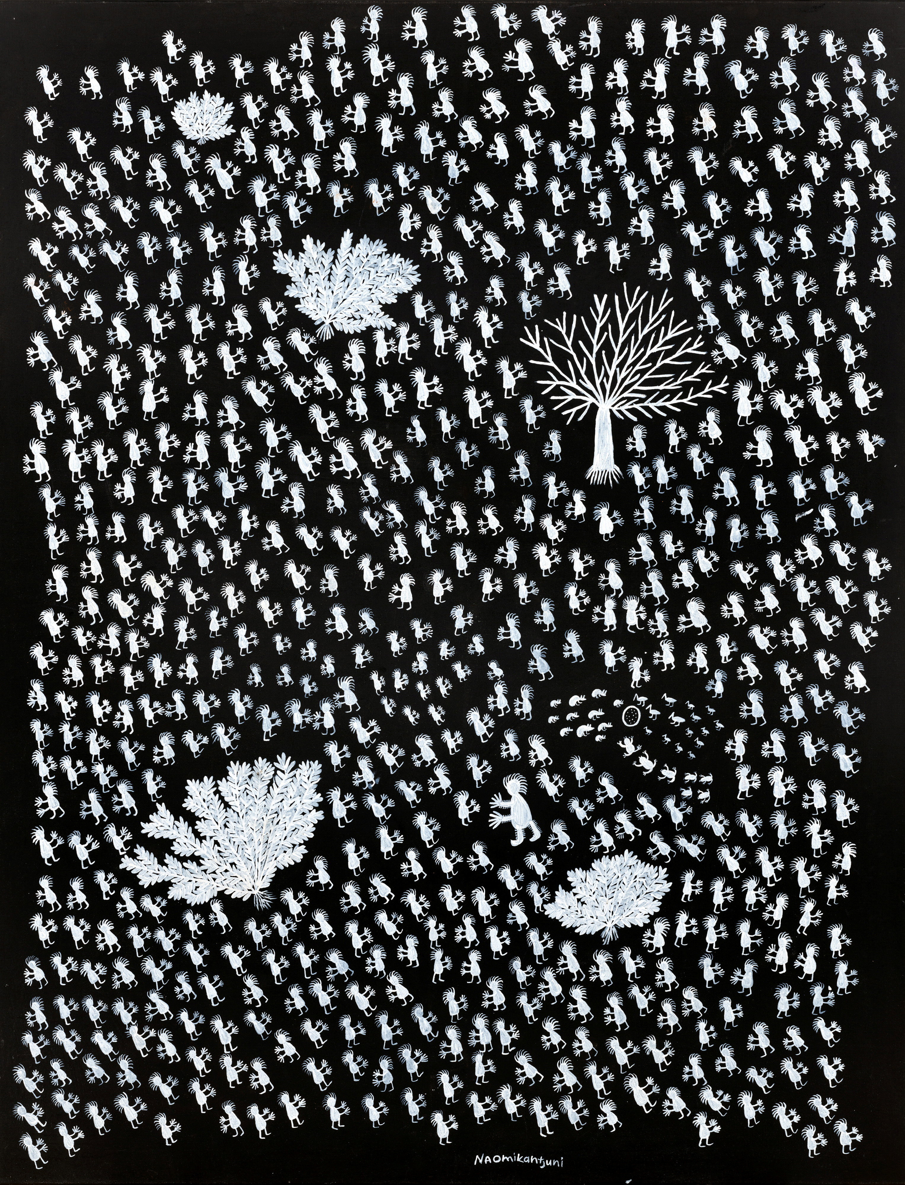 A black and white painting by Naomi Kantjuriny featuring many figures, trees and animals