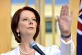 Prime Minister Julia Gillard speaks during a press conference when she called an election, July 17,