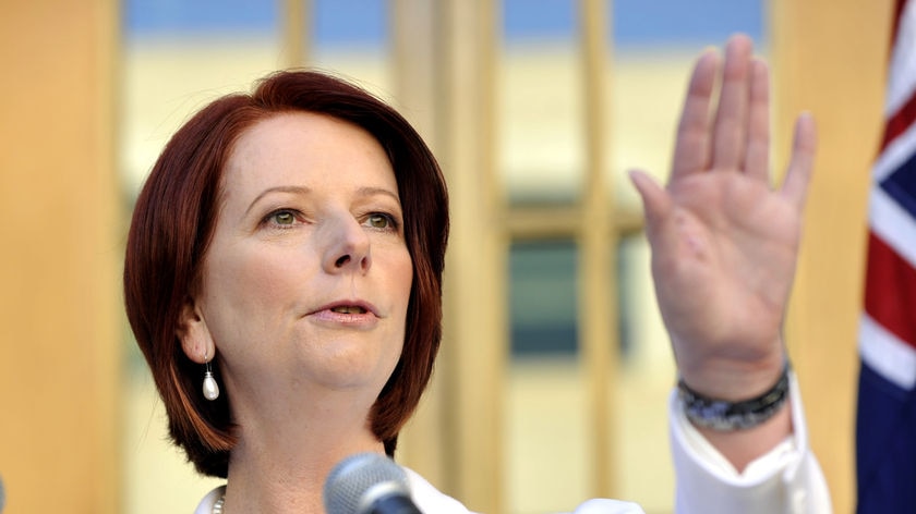 Prime Minister Julia Gillard speaks during a press conference when she called an election, July 17,