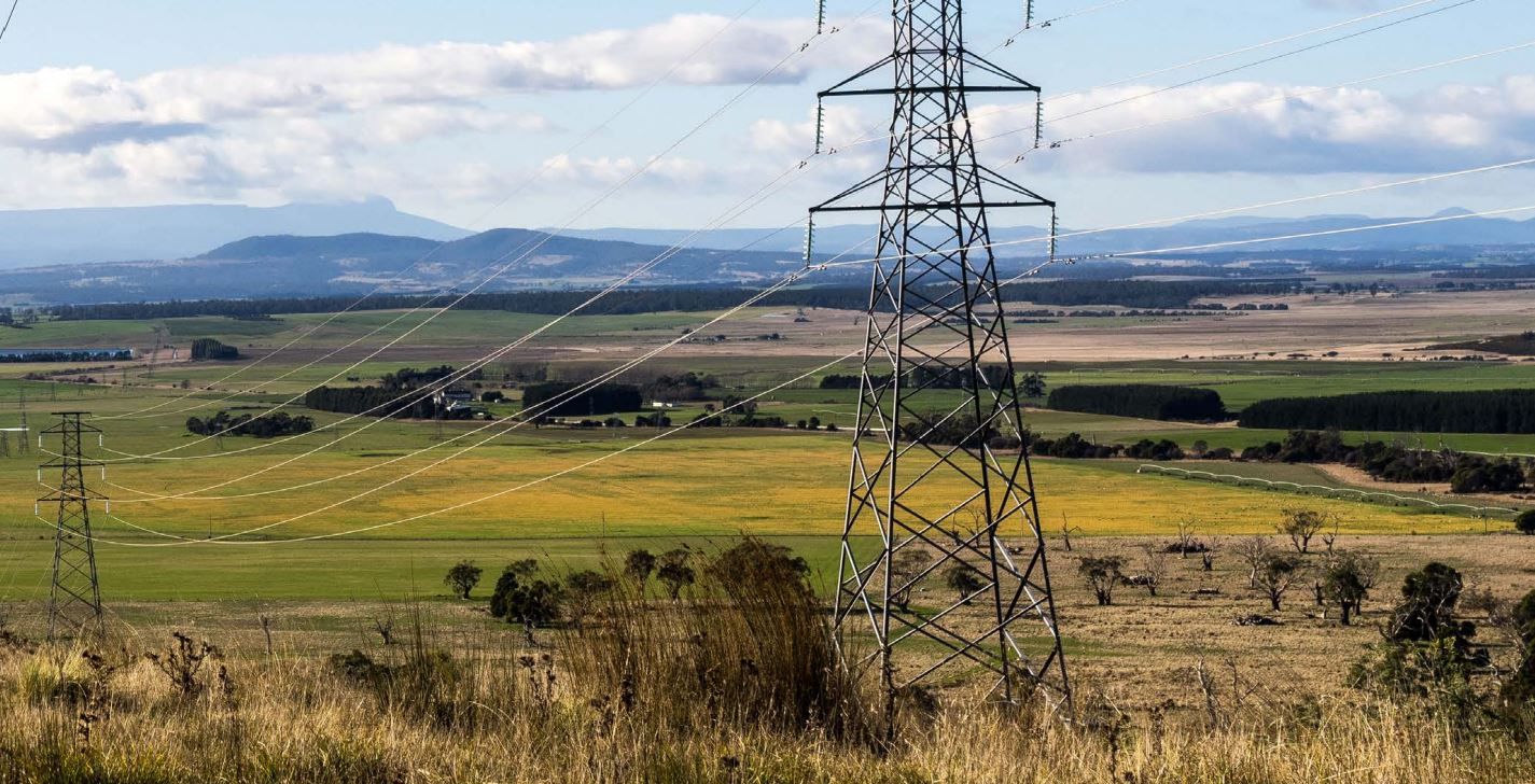 Electricity power lines in a rural Tasmanian setting
