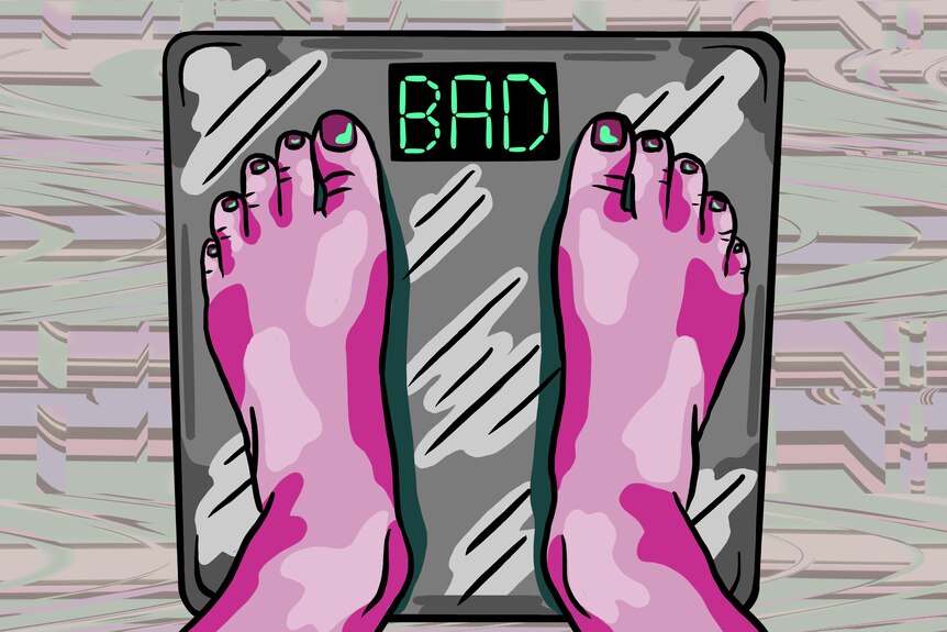 彩色插图显示某人站在体重秤上，屏幕上写着“糟糕”。