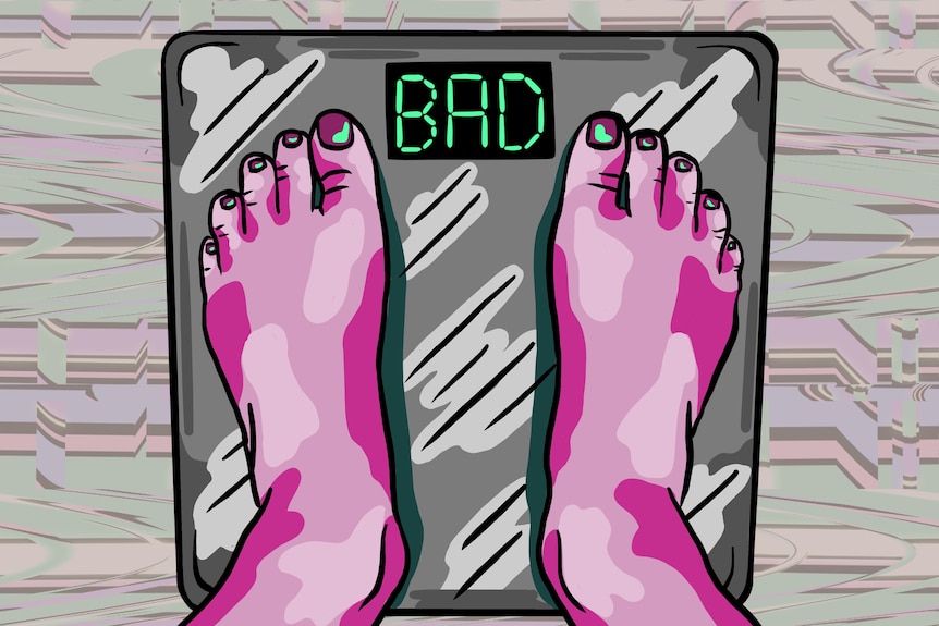 A colourful illustration of someone standing on scales, with the screen reading 'BAD'.
