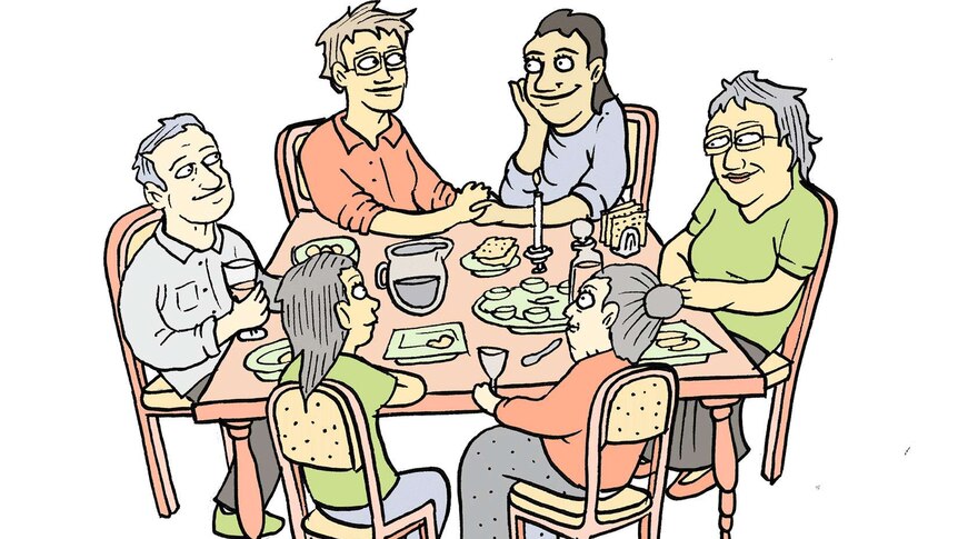 Illustration of Bec Zajac's family at the dinner table.