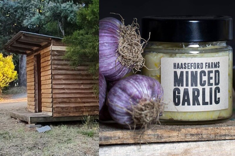 wooden shed in rural area and close up of jar of minced garlic and three purple onions