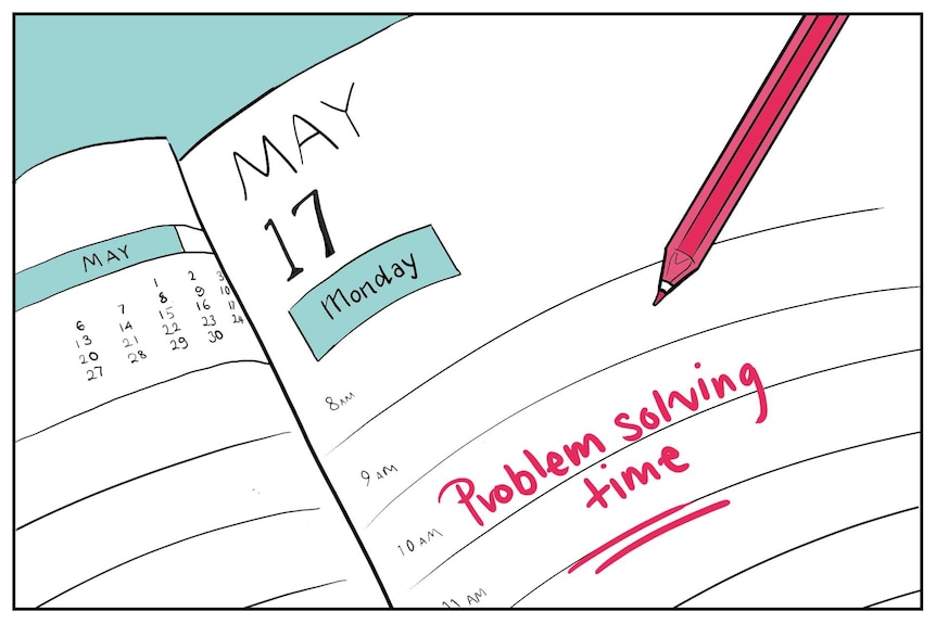 Illustration shows diary with task "problem solving time"
