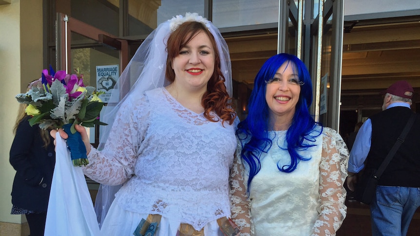 Two participants at the Hobart marriage equality rally