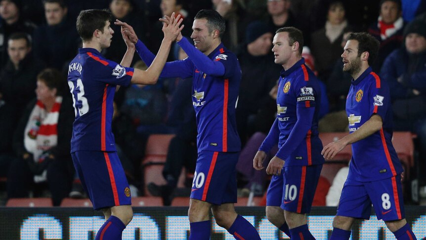 Robin van Persie celebrates one of his goals against Southampton