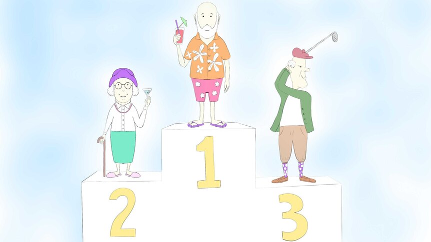 Retirees on a podium ranked 1, 2 and 3 with drinks or golf club in hand.