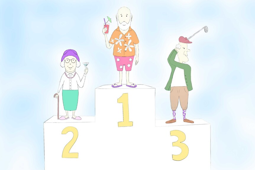 Retirees on a podium ranked 1, 2 and 3 with drinks or golf club in hand.